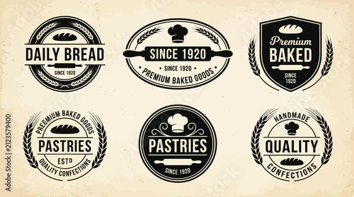 Set of vintage bakery and pastry shop logo templates with wheat and rolling pin icons.