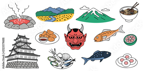 Japan Oita travel culture icons set with hot spring oni demon castle and traditional food vector illustration.