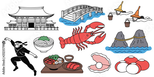 Fotografie Japan Mie travel culture icons with ninja ama diver lobster pearl and traditional food vector illustration set
