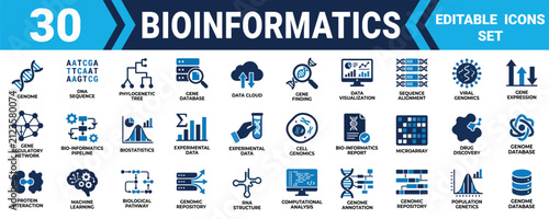 Set of thirty bioinformatics icons for biological data analysis and genomic research study concepts Minimal solid fill icon set bundle collection. Editable Vector Illustration Mega pack