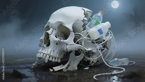 Skull with plastic bottles and waste against a nighttime background  