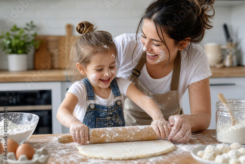 Mother and Cute Daughter Rolling Dough with Flour on Faces Having Fun