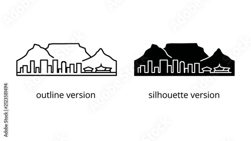 Table Mountain Landmark: A stylized outline and silhouette illustration of Table Mountain, a flat-topped mountain forming a prominent landmark of Cape Town.
