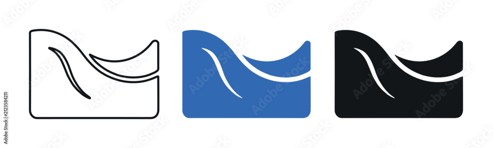 Obraz premium Three distinct wave or water icons are presented in a row on a clean white background, showcasing outline, solid blue, and solid black variations