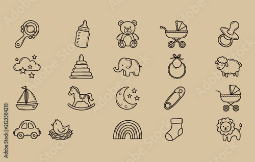 Foto Baby and newborn outline vector illustration set featuring rattle feeding bottle
