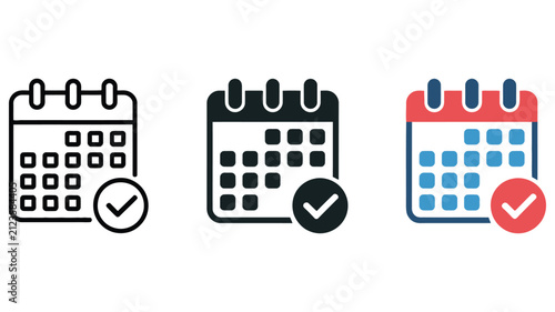 Calendar check icons vector featuring successful scheduling, task completion, appointment confirmation, planner, reminder, and productivity symbols in editable style.