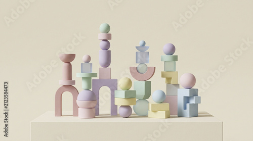 Soft Pastel Geometric Shapes Arrangement on Beige Background, Minimalist Abstract Balance Composition.