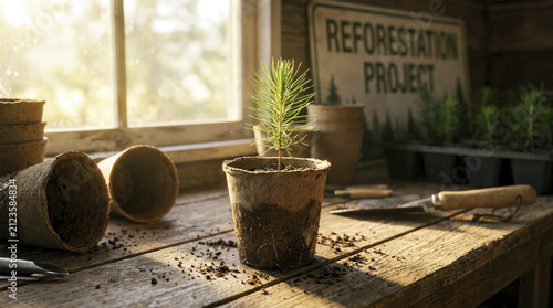 Small pine seedling growing in a biodegradable pot on a rustic wooden bench, symbolizing hope and sustainability for a reforestation project.