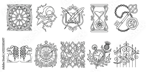 Fotografie Gothic dark academia vector icons, set of 10 mystical line art illustrations, vi