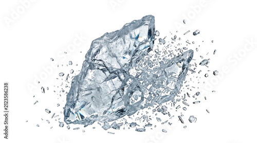 Exploding ice block with shards isolated on transparent background