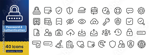 Collection of editable stroke icons for password and authentication concepts on a white background