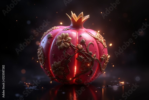 A piece of jewelry shaped like a pomegranate on a black background