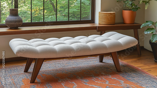 Cozy Tufted Ottoman Bench with Textured Fabric and Mid-Century Modern Wooden Legs in a Sunlit Room with Plants and Scenic Window View