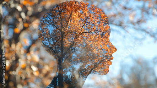 Double Exposure Silhouette of a Human Head Overlaid with Autumn Tree and Golden Leaves