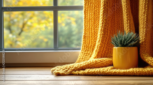 Cozy Autumn Window View with Mustard Yellow Blanket and Potted Plant, Warm Home Ambiance