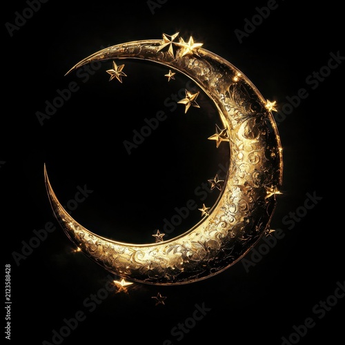 Isolated Golden Crescent Moon and Stars Ornament la fad v2