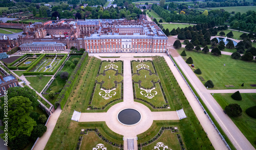 Drone shot of Hampton Court Palace Facade.