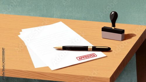Approved document with pen and stamp on wooden desk showing official paperwork