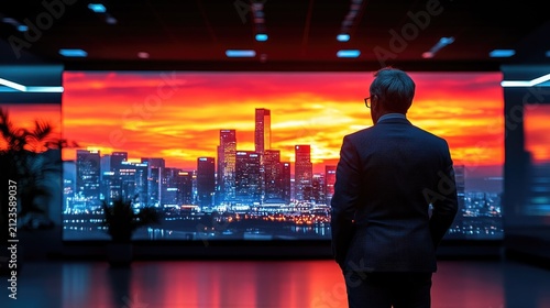 Businessman looking at illuminated cityscape on large screen in modern office at sunset