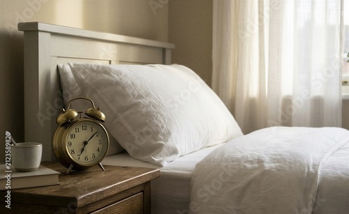 Alarm clock sits on a wooden bedside table next to a comfortable bed in a bright and quiet bedroom.