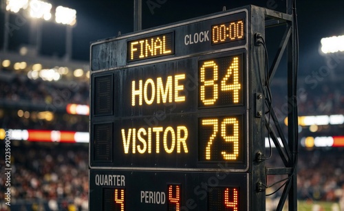 Scoreboard displays the final game results in a professional sports stadium with bright arena lights.