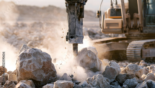 Heavy hydraulic hammer attached to excavator crushes large rocks on dusty construction site. Industrial digger breaks boulders clearing ground for new building or road project.