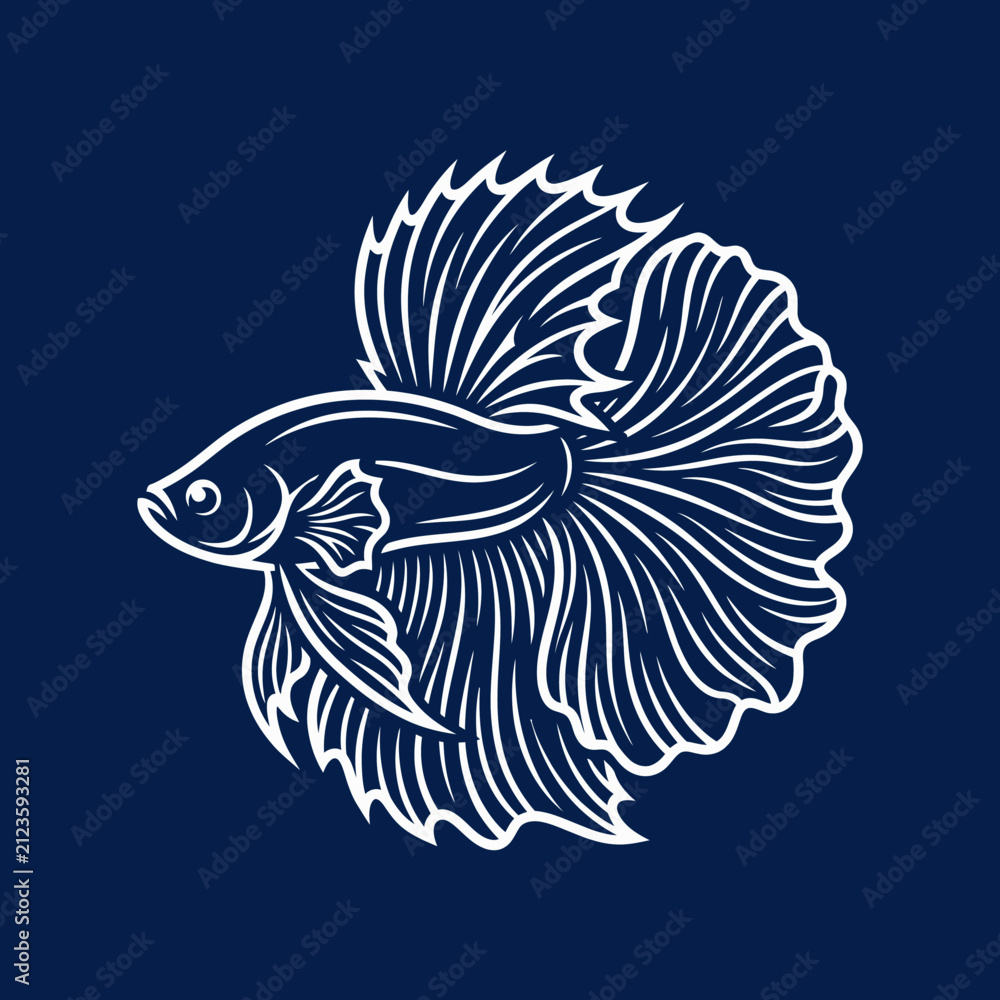 Fototapeta premium White line art betta fish on dark background.