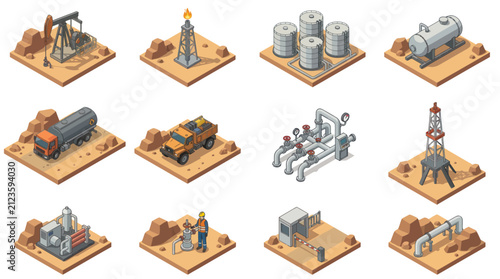 Isometric Oil and Gas Industry Icons Set.