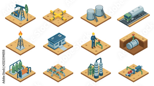 Isometric Oil and Gas Industry Icons Set.