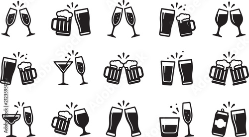 Set of black and white beverage toasting icons featuring various glasses mugs and cans for celebration and social drinking events vector