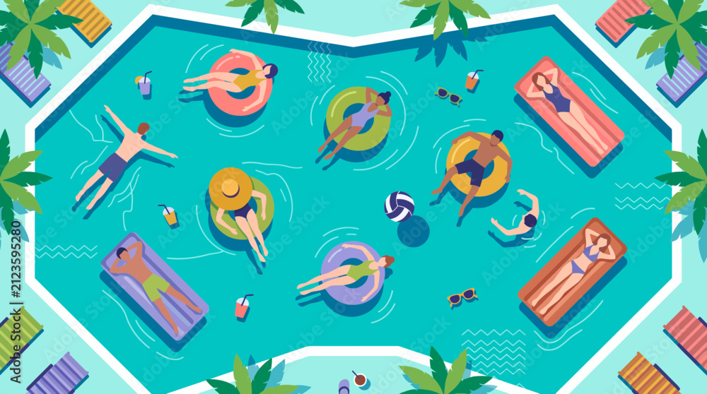 Fototapeta premium Flat vector illustration of people swimming showcasing colorful inflatable rings, air float mattresses and tropical poolside drinks, representing summer vacation and resort leisure lifestyle