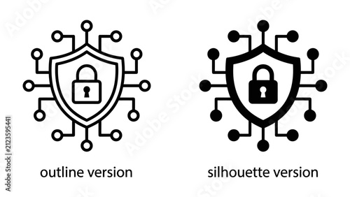 Cybersecurity Shield Icon Set: Two stylized shield icons representing cybersecurity, one as an outline and the other as a silhouette, both featuring a lock symbol and connected circuit-like nodes.