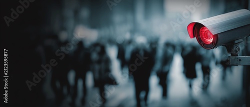 Surveillance camera monitoring urban crowd.