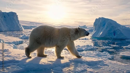 Polar bear walking on arctic ice. Majestic predator in the frozen northern wilderness.
