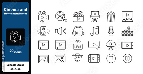 Cinema and Movie Entertainment Line Icon Set with Theater, Film, Tickets