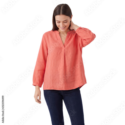 shy young woman transparent background embarrassed smiling neck downward bashful Woman touches her neck and looks down with a gentle smile as a cutout for social anxiety romance and awkward campaigns