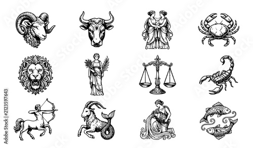 Bild auf Leinwand Vintage Engraved Zodiac Signs Astrology Horoscope Icon Vector Collection