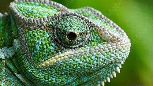 Close up of a green chameleon head. Macro portrait of a lizard with textured skin.