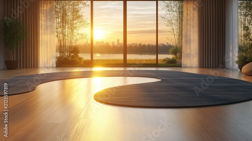 Serene Modern Living Room with Large Windows, Golden Sunset Over Water and Cityscape, Elegant Rug on Wooden Floor
