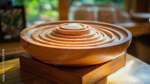 Concentric Rice Circles in Wooden Bowl on Table, Close-up Macro Shot, Natural Light, Soft Focus Background