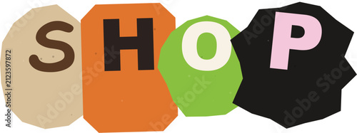 Colorful geometric cutout letters spelling shop