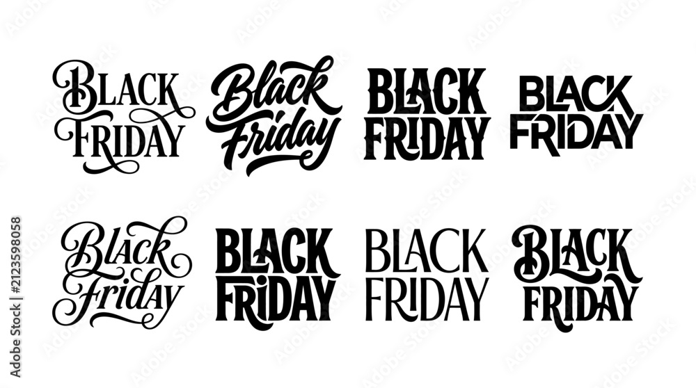 Obraz premium Set of eight different black friday typographic logo designs in black ink on a white background