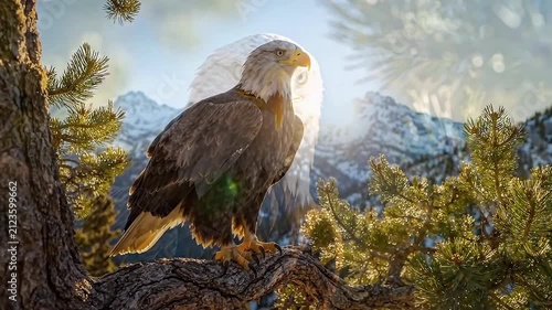 Bald eagle perched on a tree branch. Majestic raptor overlooking snowy mountain peaks.