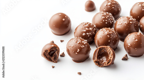Delicious chocolate balls with smooth filling, topped with sea salt, create enticing treat for chocolate lovers