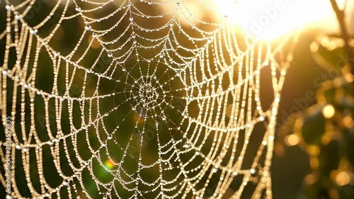 Spider web with morning dew drops. Macro shot of cobweb glistening in golden sunlight.