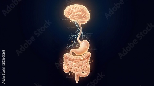 glowing human brain and digestive system connection illustration