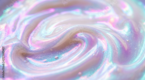 Swirling iridescent cosmetic cream mixture showing bright holographic pastel color patterns flowing smoothly together creating abstract liquid wave texture background
