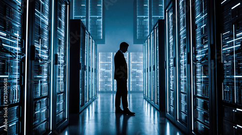 Thoughtful male business executive standing inside large dark modern futuristic data center room filled with tall glowing blue network server computer cabinets