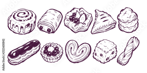 Fresh bakery pastries and sweet desserts doodle element collection set, Vector Illustration
