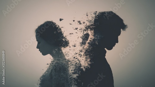 Breakup concept of couple, A couple stands back-to-back, looking distressed